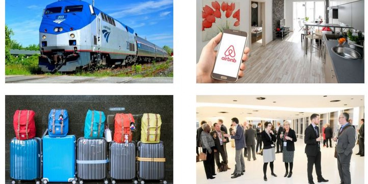 Photos of an Amtrak train, an Airbnb, rolling luggage, and people at a networking event