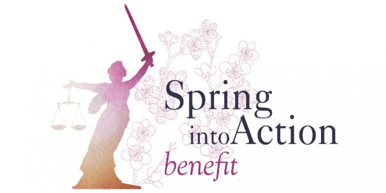 Orange and pink lady justice in front of cherry blossom background, next to Spring into Action benefit text