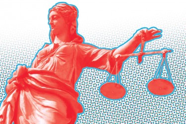 Red lady justice on a blue and red background 