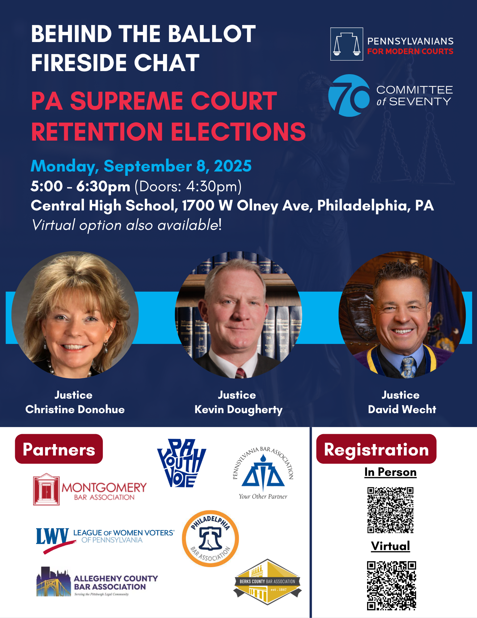 A flyer promoting the Fireside Chat, featuring Justice Christine Donohue, Justice Kevin Dougherty, and Justice David Wecht. Doors at 4:30.