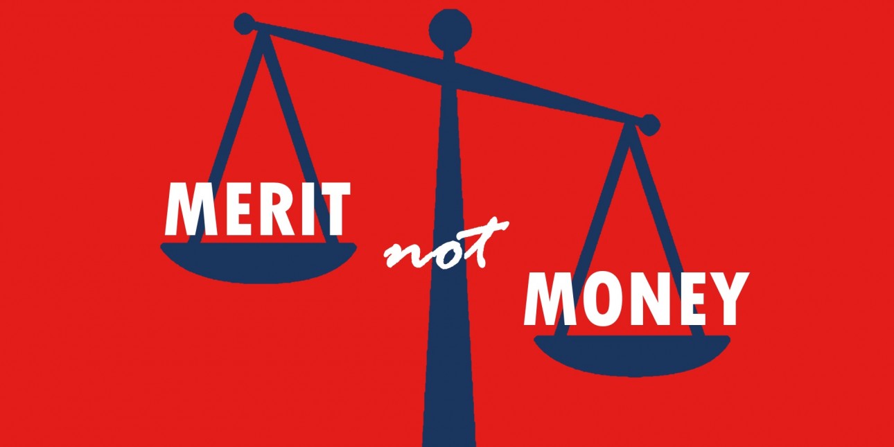 Scales of Justice with text reading "Merit not Money"
