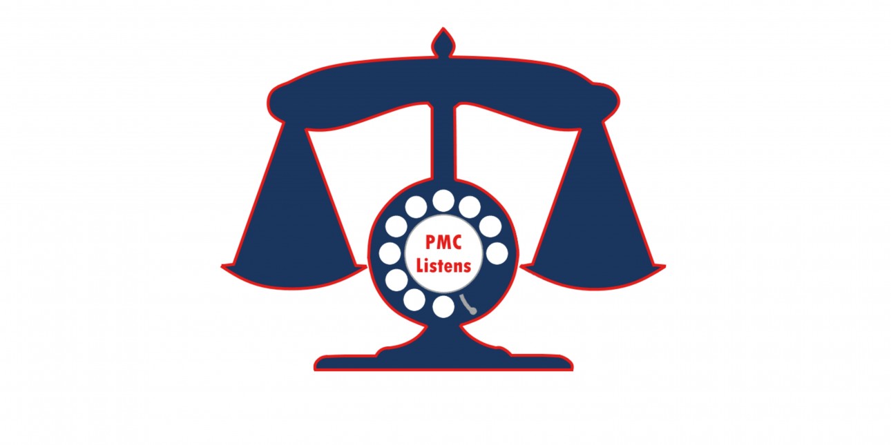 The PMC Listens logo - the silhouette of an old fashioned phone merged with the silhouette of scales of justice