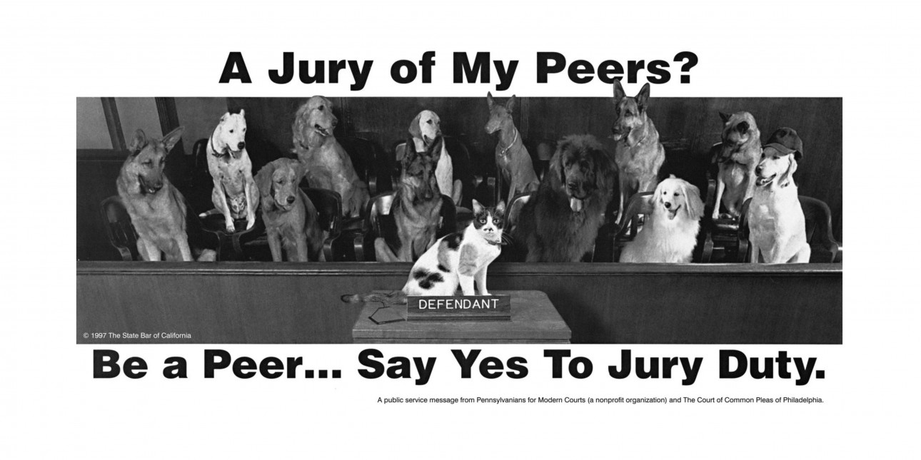 Photo of dogs serving on jury and a cat as the defendant, with text reading "A Jury of My Peers? Be a Peer...Say Yes To Jury Duty."