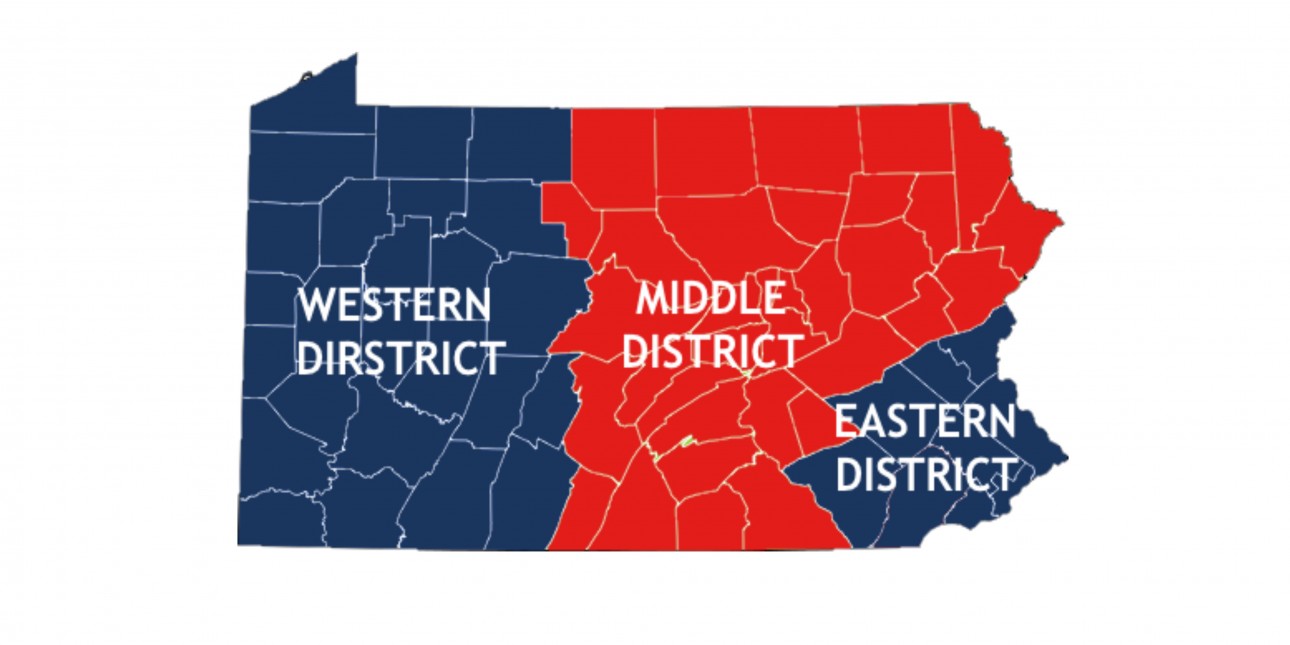 A map of PA Illustrating the Western, Middle and Eastern Districts