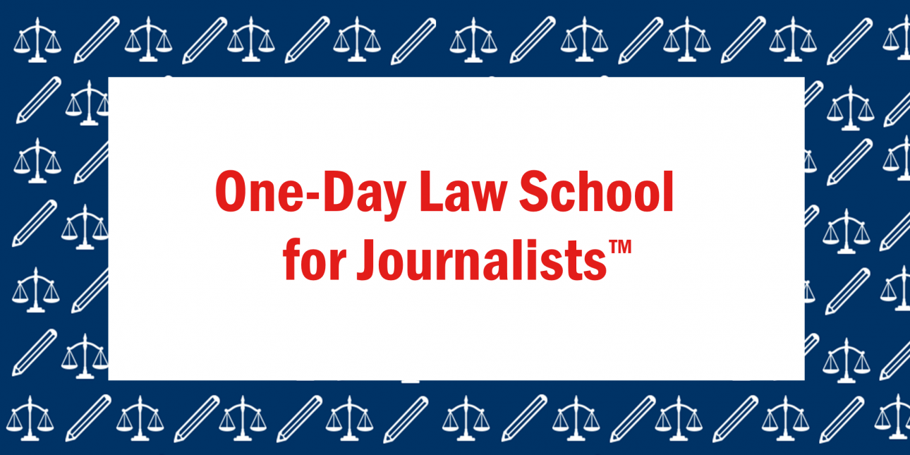 "One-Day Law School for Journalists" on navy background with white pencils and scales of justice