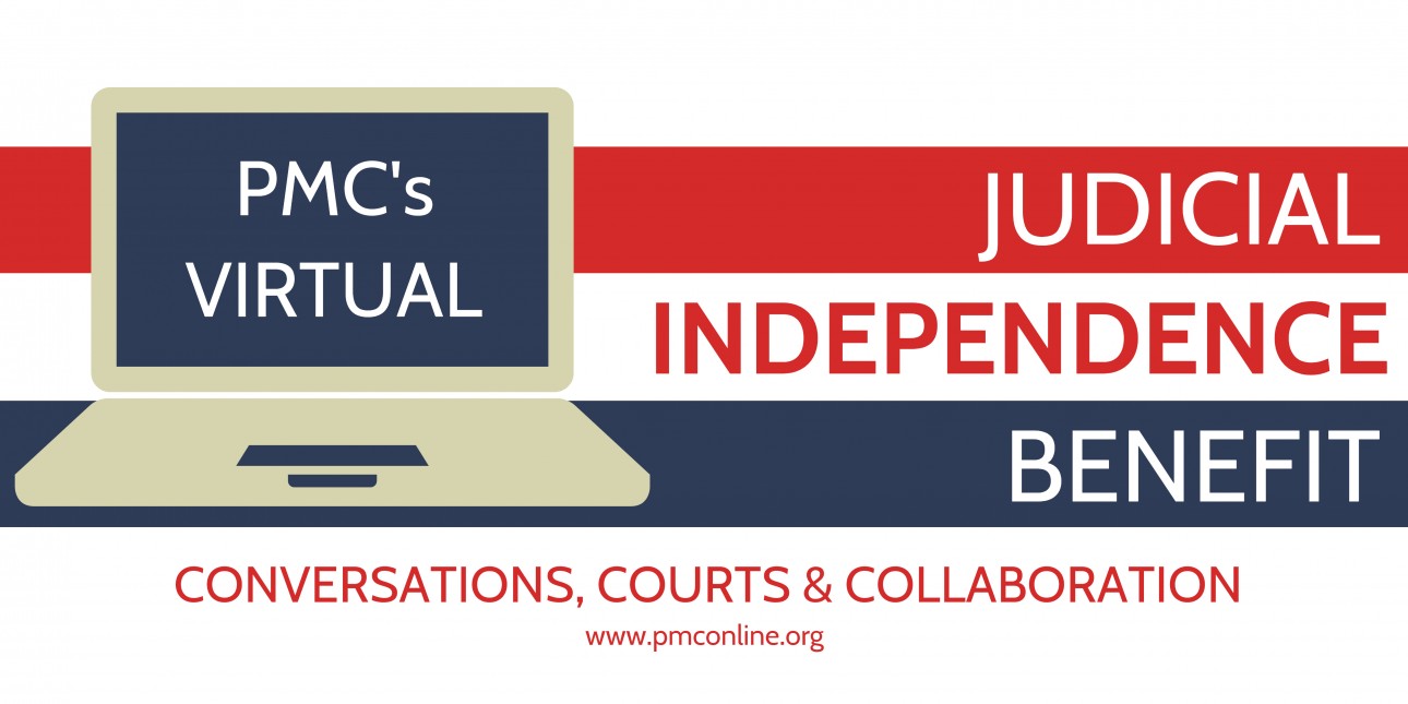 Laptop with "PMC's VIRTUAL" on screen in front of red, white and blue bars with text reading "JUDICIAL INDEPENDENCE BENEFIT"