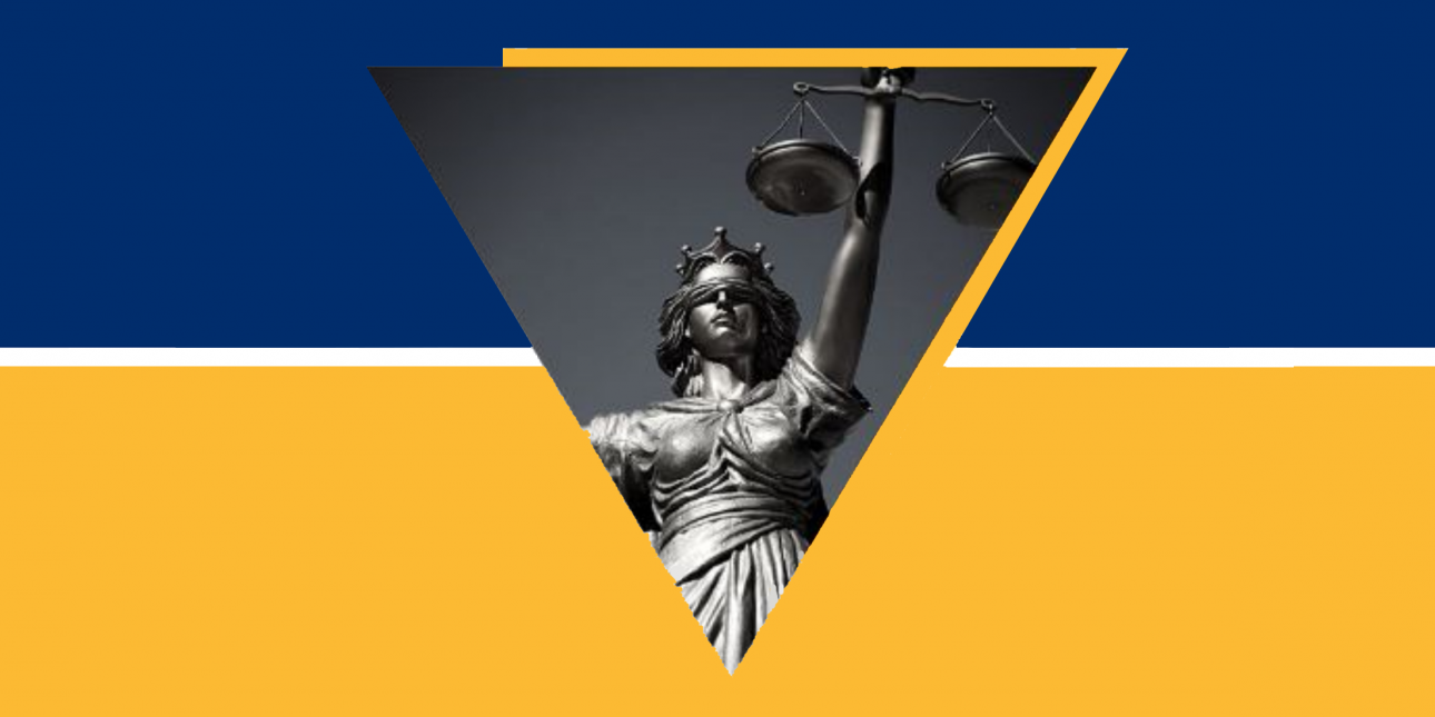 Black and white photo of a Lady Justice statue against a blue and gold background