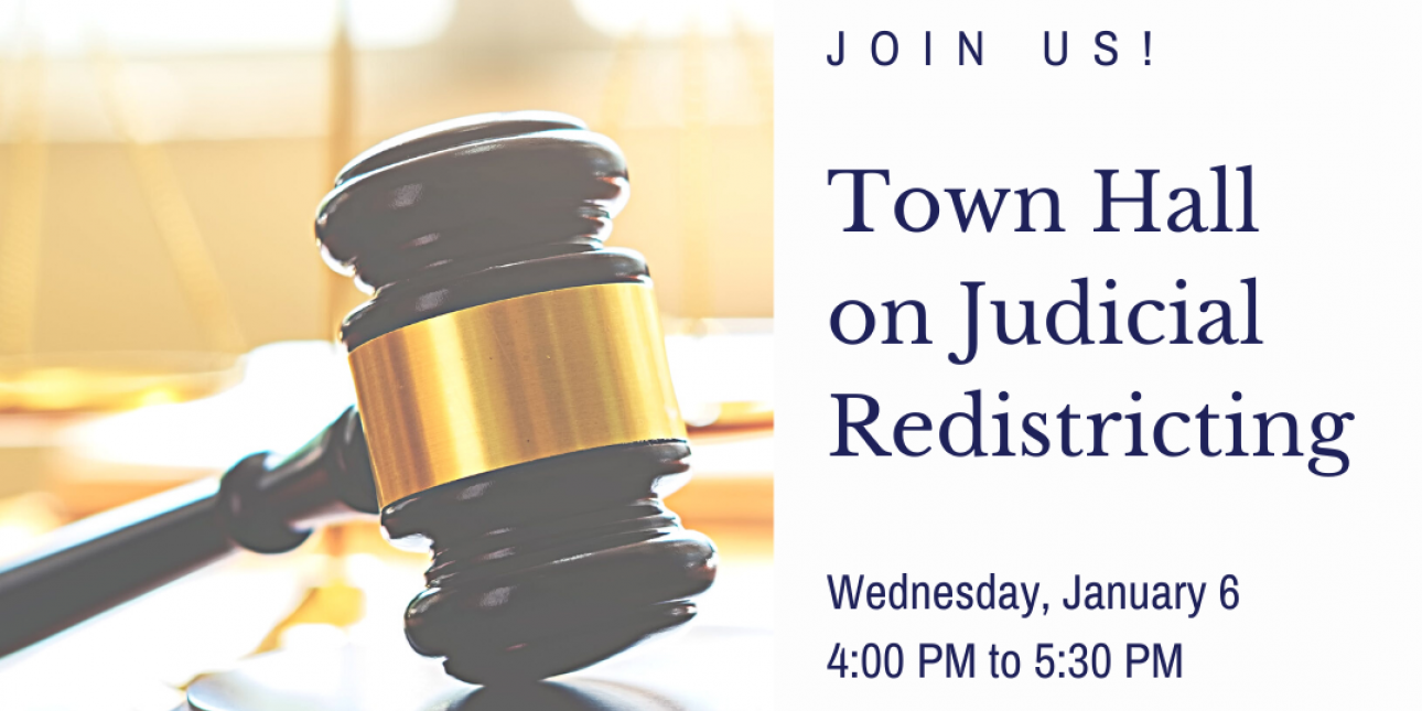 Photo of gavel with the text "Join Us! Town Hall on Judicial Redistricting" to the right