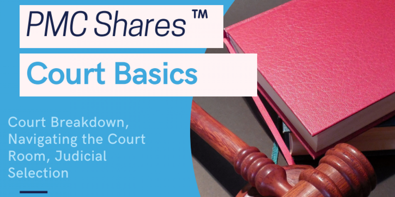 Law Book and gavel with the text "PMC Shares Court Basics, Court Breakdown, Navigating the Courtroom, and Judicial Selection"