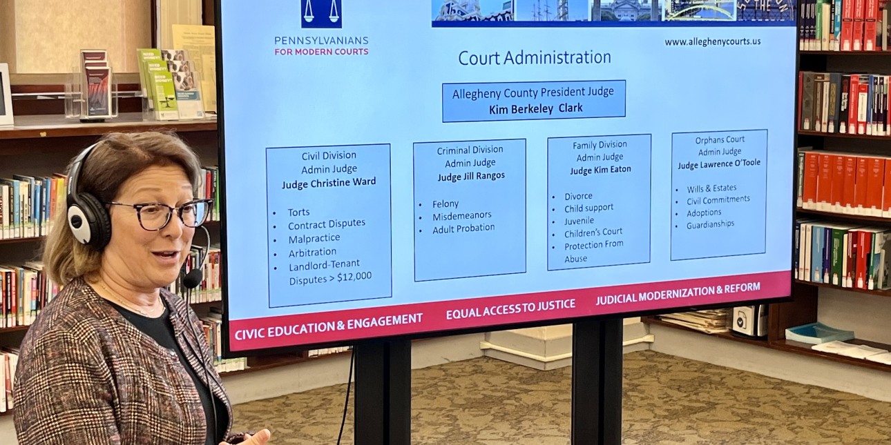 Deborah Gross presenting a Court Basics workshop at the Carnegie Library of Pittsburgh