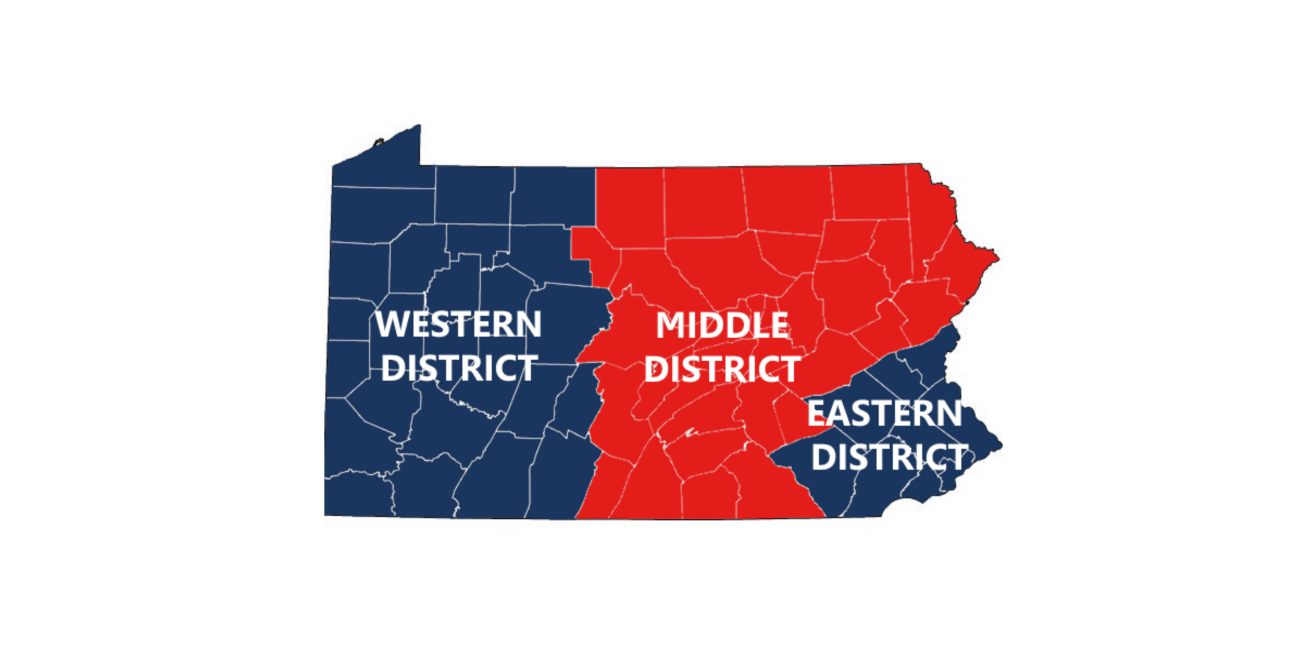 A map of PA Illustrating the Western, Middle and Eastern Districts