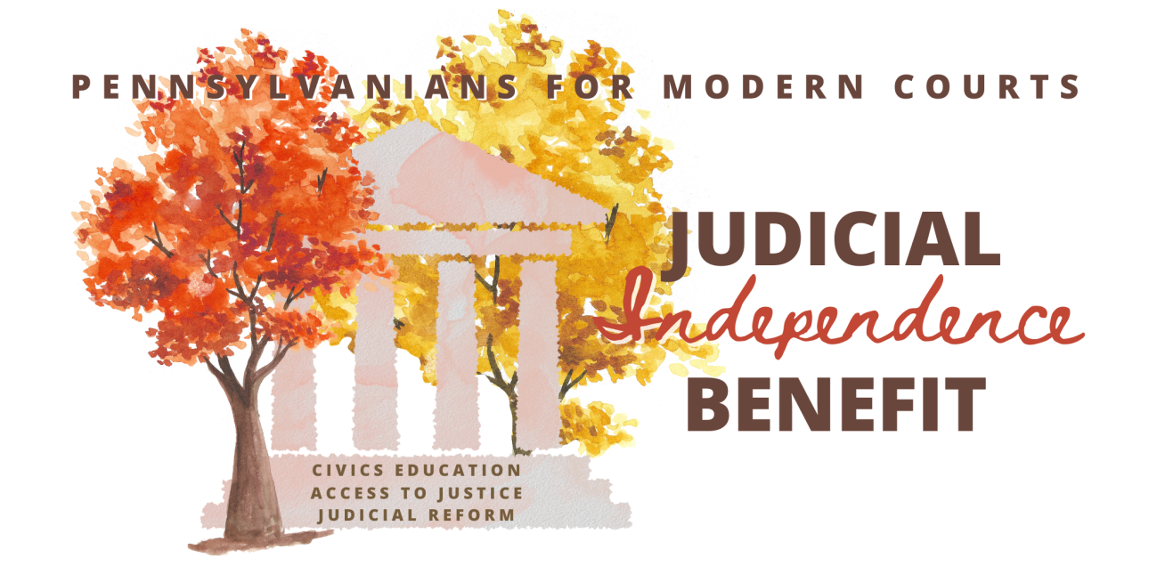 Benefit logo - courthouse surrounded by fall trees with the text "Civics Education" "Access to Justice" and "Judicial Reform" on the steps of the courthouse