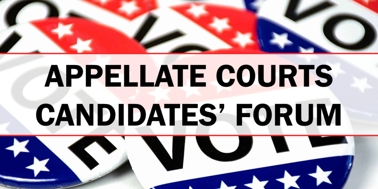 Red, white and blue vote buttons with the text "APPELLATE COURTS CANDIDATES' FORUM"