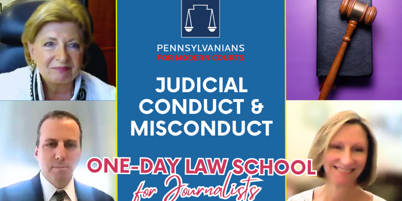 Top right: Judge Rufe, top left: gavel sitting on top of a book, bottom left: Chip Becker, bottom right: Melissa Norton