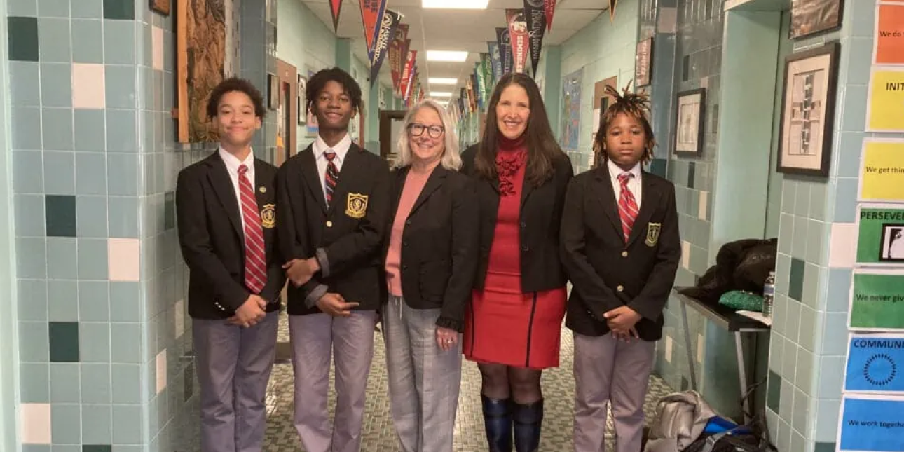 DePaul seventh-grade students are learning so much from our sessions with Pennsylvanians for Modern Courts! They are pictured here with Deborah Gross Kurtz, CEO of PMC (left), and Sheryl Axelrod, Esq., Founder of the Axelrod Firm, P.C. (right).