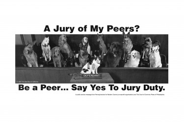 Photo of dogs serving on jury and a cat as the defendant, with text reading "A Jury of My Peers? Be a Peer...Say Yes To Jury Duty."