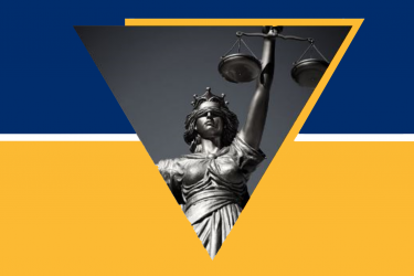Black and white photo of a Lady Justice statue against a blue and gold background