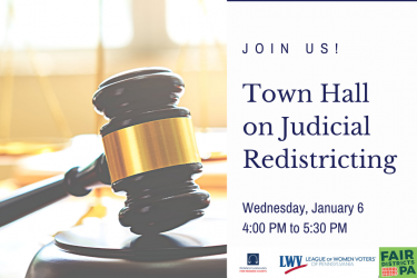 Photo of gavel with the text "Join Us! Town Hall on Judicial Redistricting" to the right