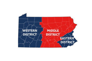 A map of PA Illustrating the Western, Middle and Eastern Districts