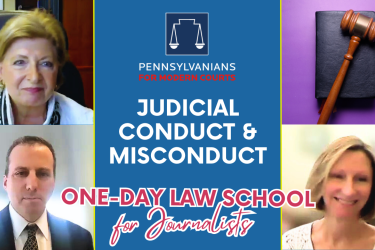 Top right: Judge Rufe, top left: gavel sitting on top of a book, bottom left: Chip Becker, bottom right: Melissa Norton